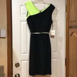 NWT Calvin Klein Black + Neon Green Dress w/ Belt